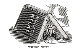 Tiny man with a hat reading under a atlas book and asking 'Where next?'