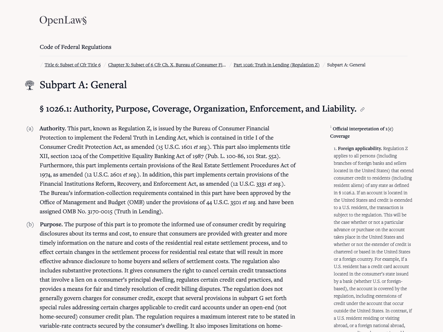 Screenshot of Openregs product showing regulatory text